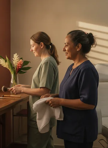 Two salon professionals at the close of day, one cleaning a make-up brush, the other folding a towel
