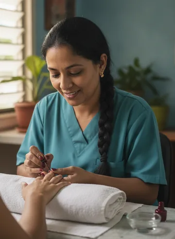 A nail technician with a long plait paints deep red colour onto a client's nails over a folded towel